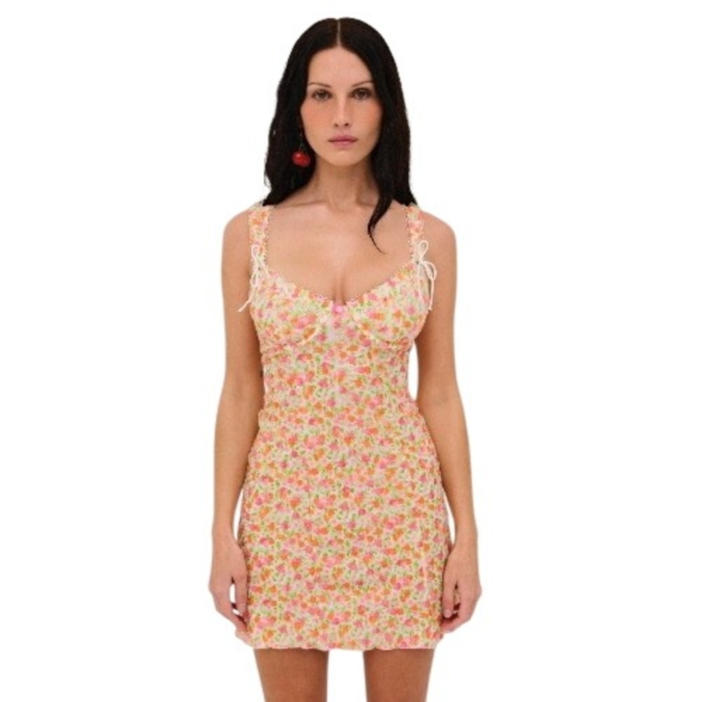 For Love & Lemons Floral Mesh Bustier Mini Dress Orange Pink L